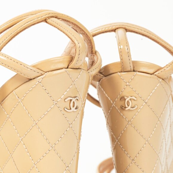 Chanel Beige Patent Leather Quilted-Wedge Sandals - Picture 9 of 10